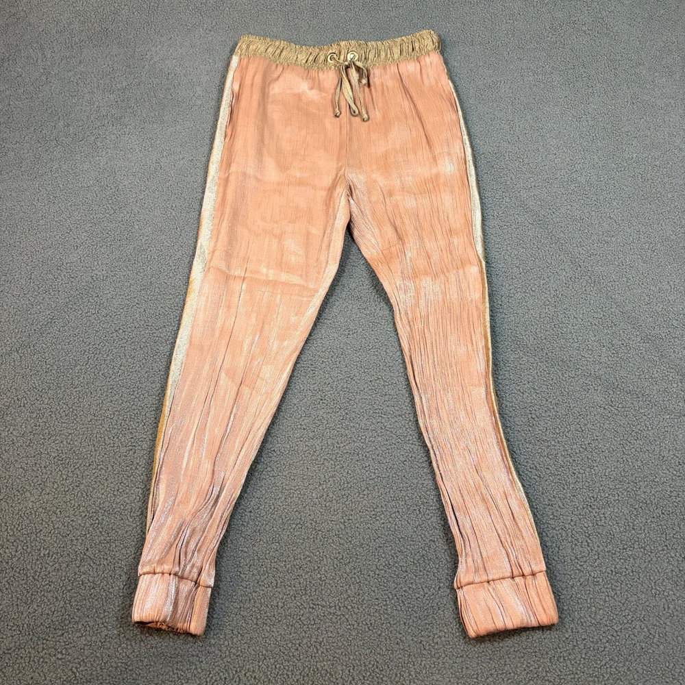 Zara Basic Jogger Pants Womens Medium Rose Gold Plisse Metallic Side Stripe Boho
